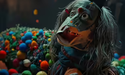 a stuffed animal wearing an odd mask among multi - colored balls