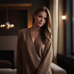 the woman is posing for a photo in the dimly lit room