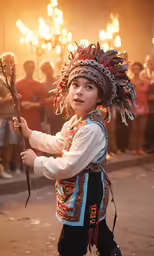 a little girl holding a wand in one hand and wearing a feather hat