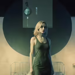 a woman wearing a dark green dress standing in front of a bed