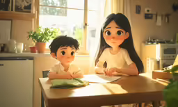 two young children sitting at a table looking on