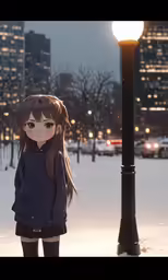 a woman standing under a street light in the snow