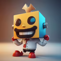 an animated character with a yellow cube head