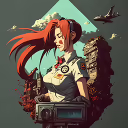 the anime girl with long red hair is holding an old fashioned camera