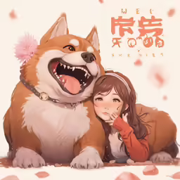 two people with a large dog in front of them