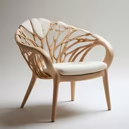a chair made out of wood with a white cushion