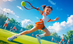 young girl running and swinging tennis racket in air
