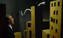 a man looking at the interior of a room with wooden structures