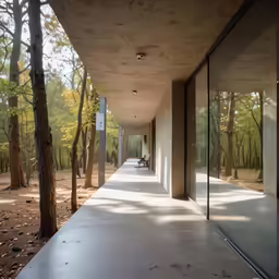 the view of a long hallway with two benches and tables between trees