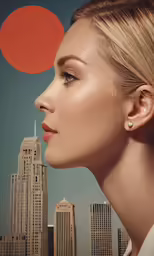 a woman looking at the horizon with a cityscape in the background