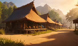 a line of large tents that are standing in the dirt,a row of brown wooden buildings sitting on top of a dirt road