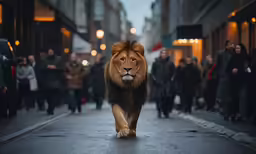 a lion walking on a street in the middle of town