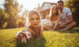 a group of people on a green grass field