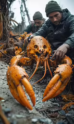 a man kneeling down on the ground with his hands in a crab shell