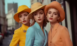 three women in hats wearing identical outfits in front of a street