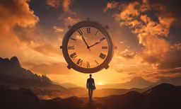 a person stands underneath a clock as the sun rises in the background