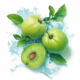 three green apples with green leaves in the middle