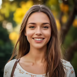 a smiling woman in a white shirt with a brown shoulder bag