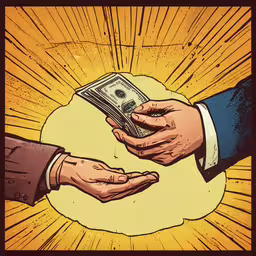 two hands exchanging over each other with money,one hand offering another hand with a bank bill