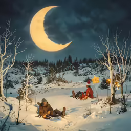 two people sitting in the snow on top of a hill