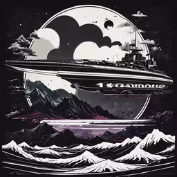an illustration of an alien ship floating above mountains,a poster with the words vanmoise above a boat and mountains