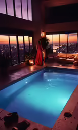 a person in red standing in a dimly lit pool