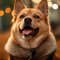 a close up of a dog on a leash looking straight ahead