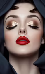woman with red lips and gold makeup in black dress