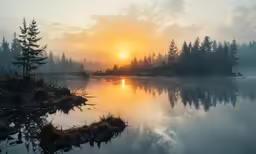 a lake surrounded by fog with trees on the water