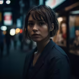a woman standing on the street at night