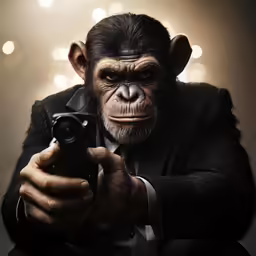 a man is holding a camera and pointing a gun to the monkey