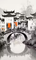 black and white photo of people on a bridge over water