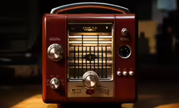 an old red toaster on a brown table