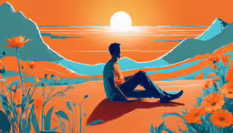 a man is sitting alone on the beach,a man is sitting in the middle of flowers
