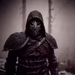 an elaborately dressed man in a leather armor standing in a wooded area