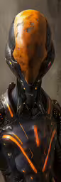 a man in a suit with gold on his face,the character of an alien woman dressed in metal armor