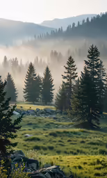 a field of trees on a foggy day