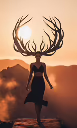 a woman standing on a rock with antlers in her hair