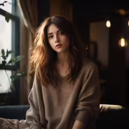 a woman in a sweater looks out a window