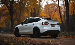 a white sports utility car with a black grill parked in front of trees