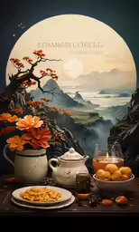 a close up of a plate with food on it near a pot
