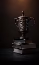 an elaborate metal teapot sits atop two stack of books