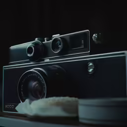 the old camera is sitting next to a table