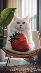 a fluffy white cat sits on a chair with a strawberry