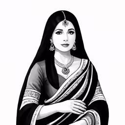 the drawing shows an indian woman wearing a black dress with white stripes