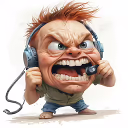 a face with headphones, smiling, and screaming