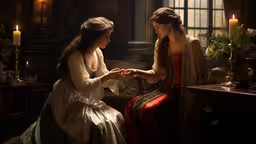 two young women dressed in period costumes touch hands,two women in long dresses sitting down holding hands