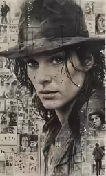 a drawing of a young woman with a news paper background