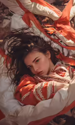 young woman with long dark hair laying on the ground in bed
