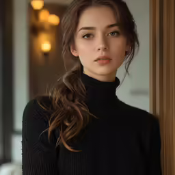 a young woman in black turtle neck sweater looking into the camera